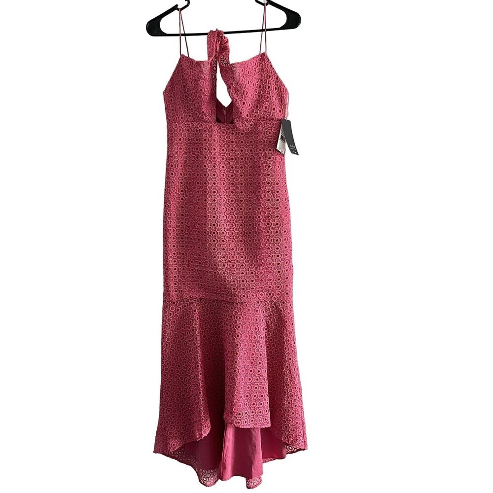 Aidan Mattox Dress Size 0 Eyelet Lace Midi With Tie Front Pink - Picture 2 of 14